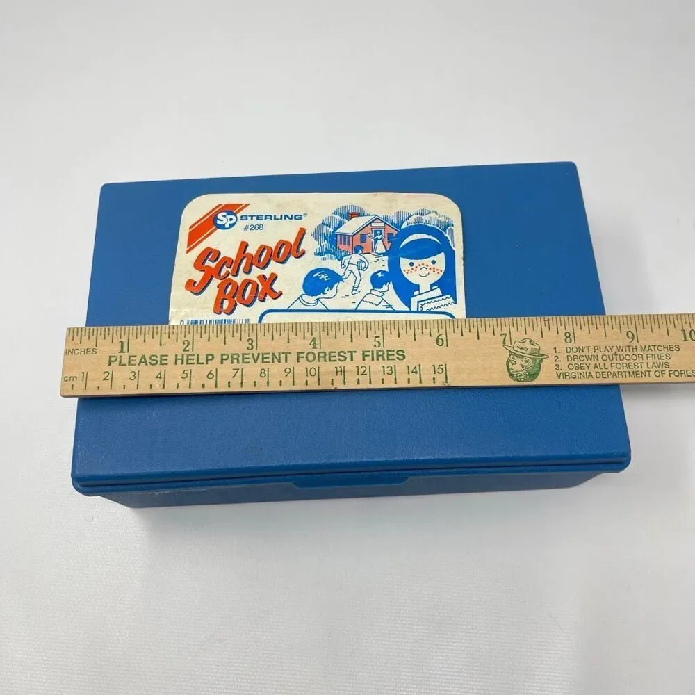 Vintage Sterling Plastics #268 School Box Blue Supplies USA Made 1985